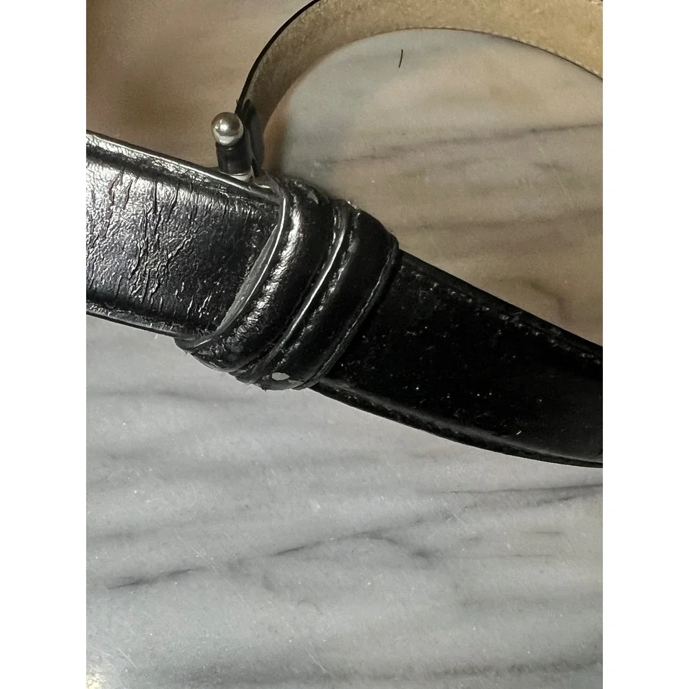 Vintage Black Genuine Leather Lined Belt Silver Oval Buckle Western Boho 41 Inch